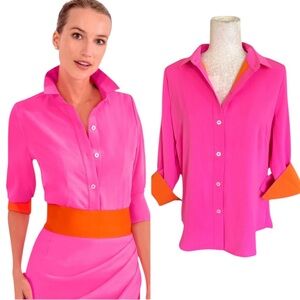 LN Gretchen Scott Boyfriend Silky Heaven Hot Pink & Orange Button Down Shirt - S